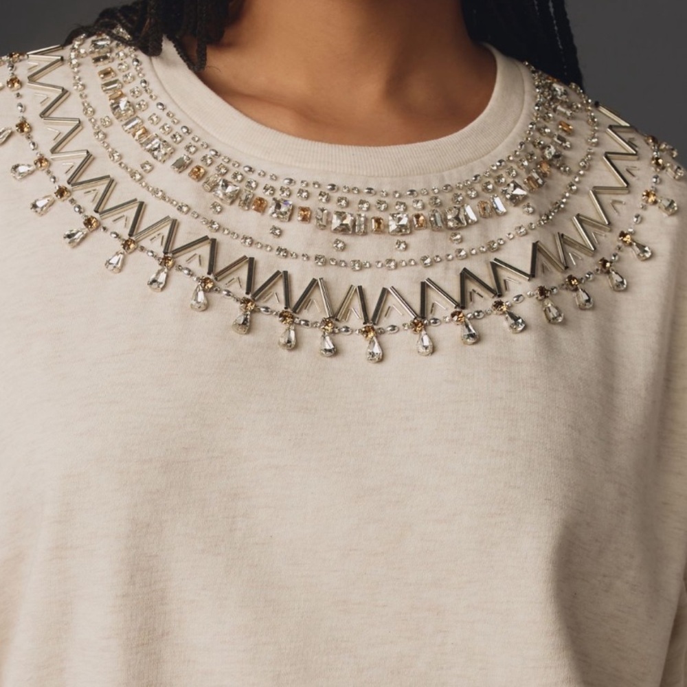 Anthropologie Maeve Embellished Collar Pullover in Light Sand Size Small - Picture 9 of 13